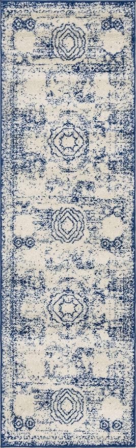 Unique Loom Bromley Collection Area Rug - Wells (2' x 6' 9" Runner, Ivory and Blue/ Ivory)