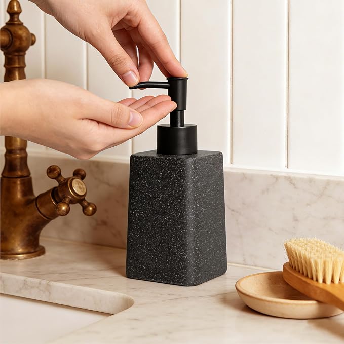Bathroom & Kitchen Countertop Soap Dispenser, Modern Sandstone-Look Resin Bottle with ABS Pump, Durable Shatter-Resistant 8.5 oz Dispenser (Black)
