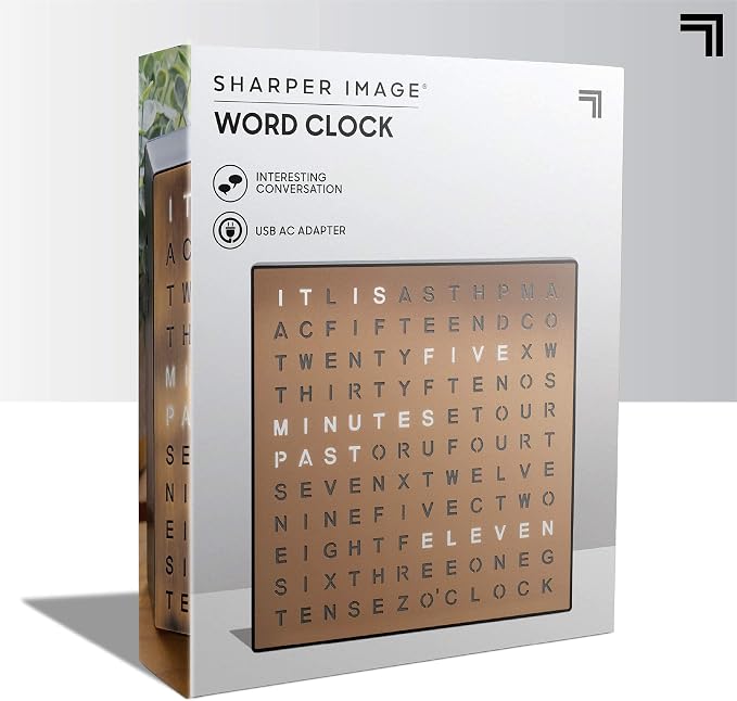 Sharper Image LED Word Digital Clock, 7.75", Copper Finish, Light-Up Desk & Wall Clock, Modern Time Display, Shelf or Wall Decor for Home Office, Living Room, Kitchen & Bedroom, Housewarming Gift