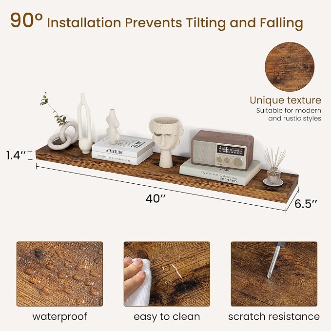 Dreamland 40Inch Floating Shelves for Wall, Rustic Wooden Storage Shelf for Living Room, Kitchen, Farmhouse, Wall Mounted Display Shelving with Invisible Heavy-Duty Metal Bracket, Set of 2 - Brown