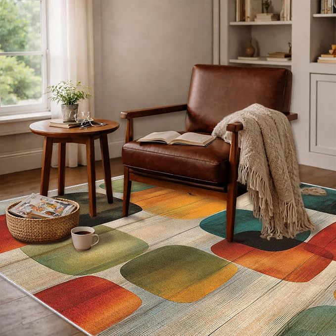 Mid Century Geometric Area Rug 4x6 ft, Retro Color Block Abstract Statement Rug, Low Pile Non-Slip Washable Indoor Rug for Living Room Bedroom