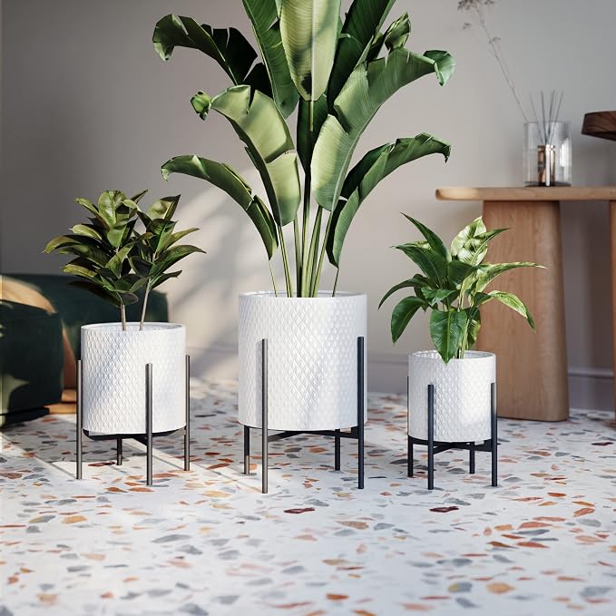 EverNest Claire Mid-Century Modern White Planter and Stand, Indoor Plant Pot, SelectBase, Minimalist Aesthetic, Home Decor for Plants - (Black Base, Medium)