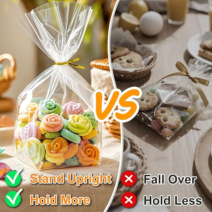 PigPotParty Cellophane Treat Bags 7"x10", 100 Pack Clear Goodie Bags, Bottom Gusset for Stand-Up Display, Small Plastic Gift Wrap for Cookies, Candy, Party Favors, Popcorn, Includes 100 Ties