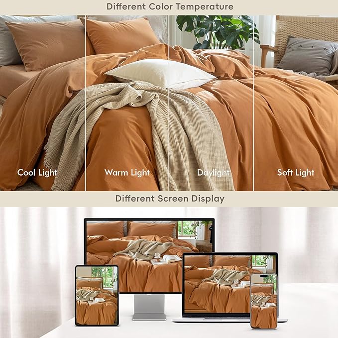 MooMee Bedding Duvet Cover Set 100% Washed Cotton Linen Like Textured Breathable Durable Soft Comfy (Solid Burnt Orange, Super Queen 90"x98")