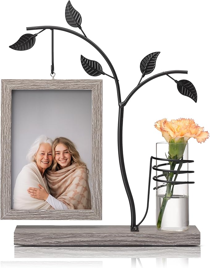 Afuly 4x6 Picture Frame Family Picture Frames with Glass Bud Vase for Plants Flowers, Rustic Floating Frame with Double Glass Tabletop Display Anniversary Wedding Mothers Day Birthday Gifts