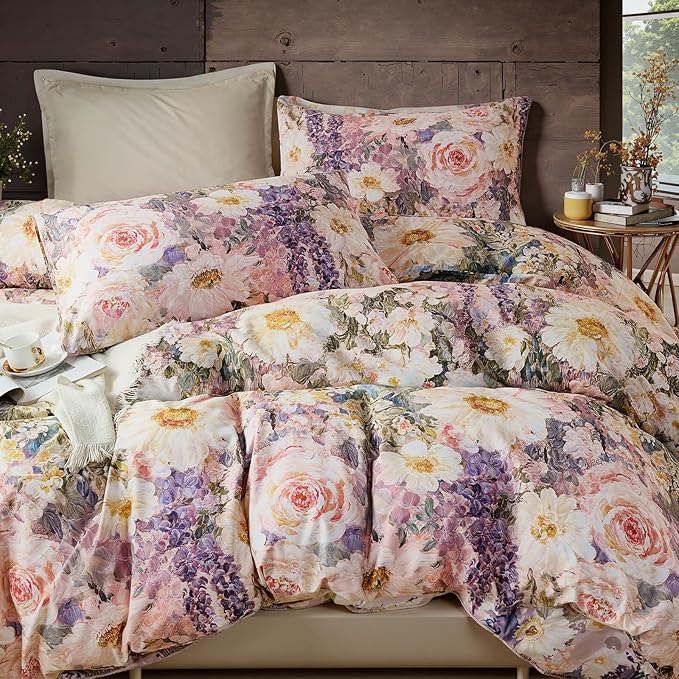 100% Cotton Duvet Cover Queen Size – Romantic Garden Impressionist Floral Duvet Cover Set with Zipper Closure, 3-Piece Luxury & Soft Bedding Set for All Seasons