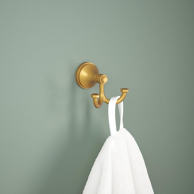 Franklin Brass Woodruff (1-Pack) Towel Hooks Satin Gold Double Bathroom J Hooks Wall Mounted for Robes & Towels Hand Towel Hook Holder Kitchen, Bathroom Accessories WDRF35-SG