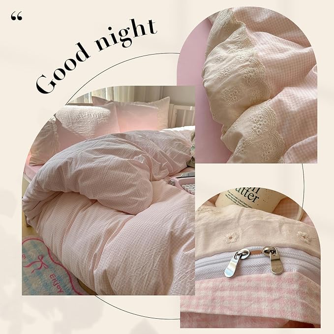 LifeTB Pink Gingham Duvet Cover Twin Size 3 Pieces Romantic Lace Duvet Cover Pink Plaid Checkered Comforter Cover with 2 Pillowcases Soft Breathable Microfiber Grid Farmhouse Plaid Bedding Set
