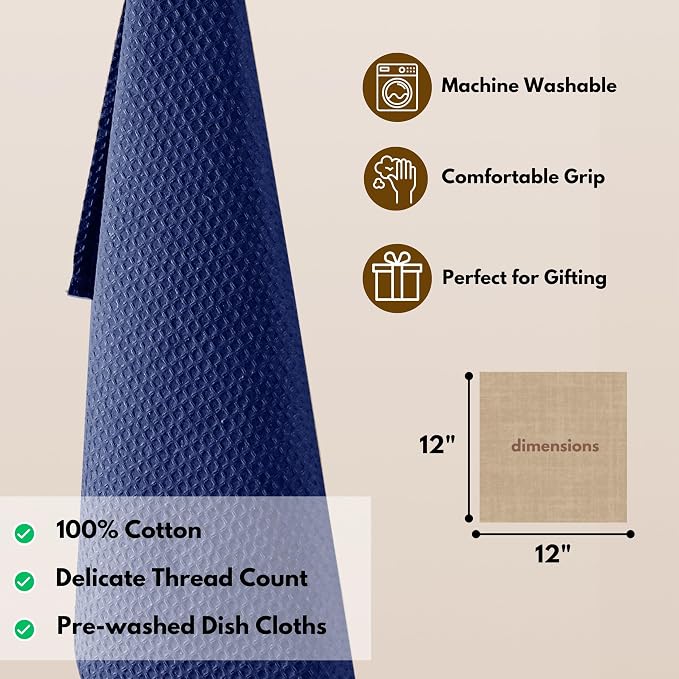 Native Fab 6 Pack Waffle Dish Cloths - 100% Cotton, 12x12 inch, Absorbent, Quick Drying, Washable Towels for Cleaning, Cooking & Baking - Perfect for Home, Restaurants, Bars, Multi Use - Indigo Blue