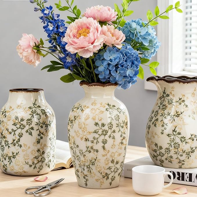 Green Vinatge Vase, Gorgeous Pastoral Octagonal Ceramic Flower Vase, Rustic Farmhouse Ice Cracked Large Chinoiserie Floral Vases for Home Decors, Cottage, Coffee Table, Bookshelf, 9.1 Inch