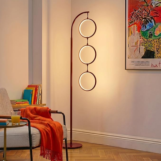 Brightech Nova Modern Floor Lamp - Contemporary Arc Tall Lamp with 3-Circle Ring-Style Pendant - Over the Couch Standing Lamp on Arching Pole - Eclectic Tall Lamp Matches Living Room Décor - Red