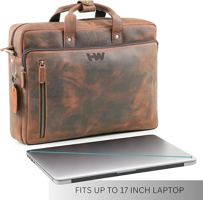 Handmade World Leather Briefcase For Men 'The Contemporary' Fits 17 Inch Laptop Computer Messenger Crossbody Shoulder Bag For Business Travel Office Work