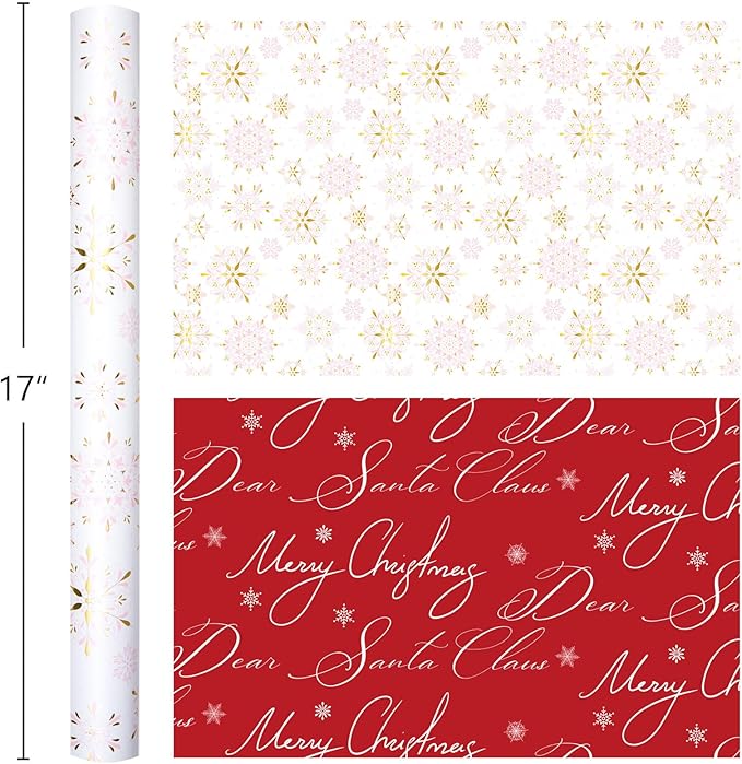 MAYPLUSS Christmas Wrapping Paper Roll - 17IN X 33FT - Christmas Gift Wrapping Paper Featuring Pink and Gold Snowflake Against White Reversible Red for Kids, Holiday, New Year