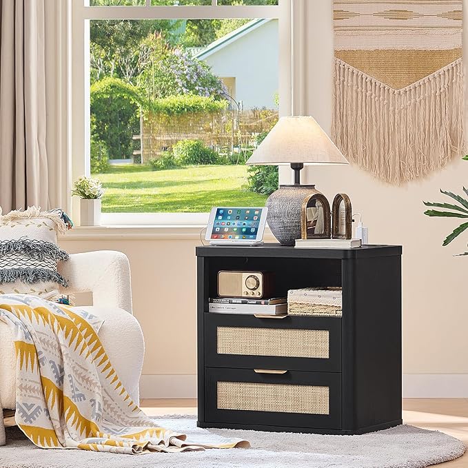 LEYAOYAO Rattan Nightstands with Charger Station, 23" Wide Boho Night Stand with 2 Drawers, Black Bedside Table Open Shlef, Bed Side End Table Dresser for Bedroom, Living Room Hallway