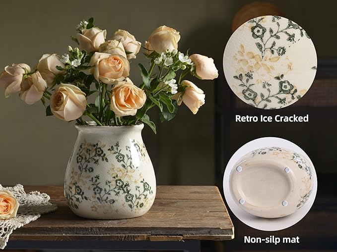 Vintage Flower Vase, Chinoiserie Floral Ceramic Vase for Home Decor, Green and White Decorative Vases for Centerpiece Table Decorations, Vases for Living Room Kitchen Entryway Mantle Shelf Decor Vase