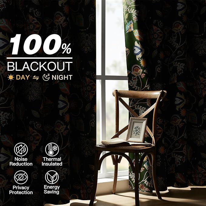 XiDi Green Floral Curtains 102 Inches Long 2 Panels Vintage Patterned Blackout Curtains for Living Room Thermal Insulated Grommet Luxury Cottage Core Botanical Printed Drapes Moss Green 52x102