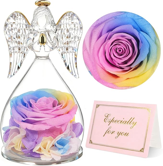 Yamonic Mom for Mom Grandma, Angel Figurines with Real Rose Birthday Gifts for Moms Women, Preserved Rose Flower Angel Figurines for Mothers Day Valentine's Day Gifts for Her(Rainbow)