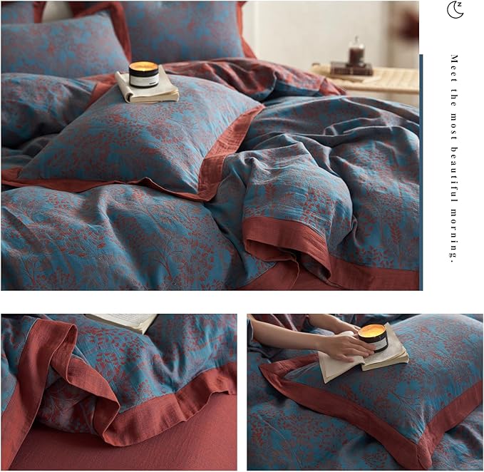 Blue Red Duvet Cover Full Forest Theme Retro Floral Duvet Cover Vintage Jacquard Bedding Set Premium Yarn-Dyed Cotton Linen Duvet Cover Botanical Tree Leaves Bedding Comforter Cover with Zipper Ties