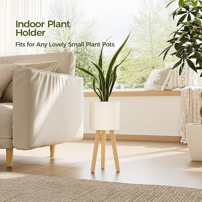 Bamworld Single Plant Holder for Indoor Plants Metal Planter Stand Wooden Leg White Plant Stand Indoor Flower Pot Stand 7in Plant Pot with Stand for Living Room Office Bedroom Decor Modern Home Decor Small