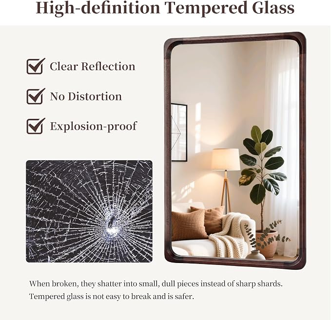 Tanmicoshomy Wood Bathroom Mirror 30 x 48 Inch, Solid Wood Framed Large Rectangle Mirrors with Tempered Glass for Living Room Bedroom Office or Entryway(Dark Brown)