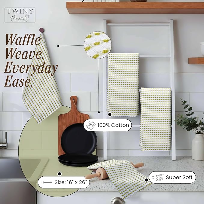 TWINY threads Waffle Kitchen Towels Set of 4, 16x26 Inches, 100% Cotton Waffle Weave Dish Cloth Pack, Super Absorbent & Fast Dry Tea Towels for Drying and Cleaning, Lemon Green, White