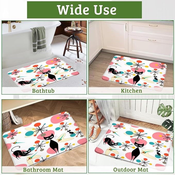 Mid Century Black Cat Bath Mat,Pink Teal Modern Atomic Geometric Bathroom Rug Shower Floor,Retro 50s 63s Vintage Bath Rug,Absorbent Doormat Bedroom Rug Kitchen Toilet