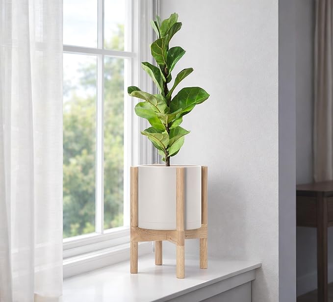 D'vine Dev Planter Pot with Stand - 8 Inch Plastic Cylinder Flower Pot with Wood Planter Holder for Indoor, Oatmeal Pot + Natural Stand, 55-C-J-4