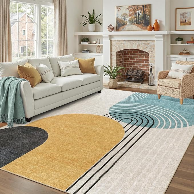 DCX Machine Washable 8x10 Area Rugs, Midcentury Modern Non Slip Stain Resistant Rug 8x10 for Living Room, Playroom, Dining Room, Soft Low Pile Large Carpet, Blue & Yellow