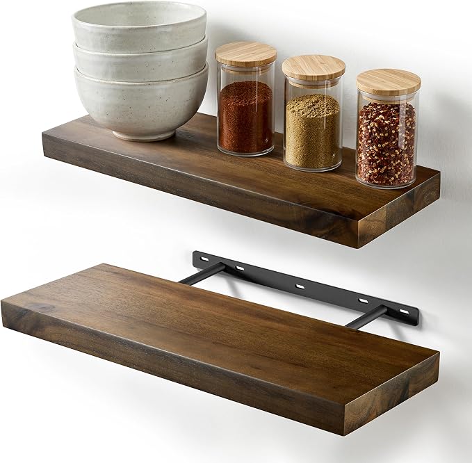 BATODA Set of 2 17" Acacia Wood Floating Shelves Wall Mounted – Rustic Farmhouse Wooden Wall Storage Shelf Bedroom, Kitchen, Home Décor - Brackets and Shelving Mounting for DIY (Walnut Color)