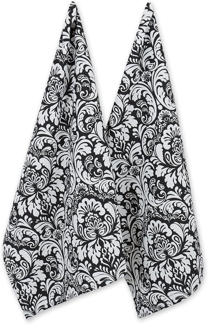 DII Cotton Dish Towel Set Damask Print, 18x28, Black, 2 Count