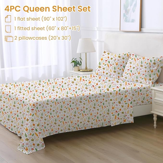 Softan Orange Floral King Size Sheet Set, Printed Microfiber Fitted Sheet with 15" Deep Pockets & Non-Slip Straps, Maple Leaves & Mushroom Patterned Bedding Sheets & Pillowcase Set