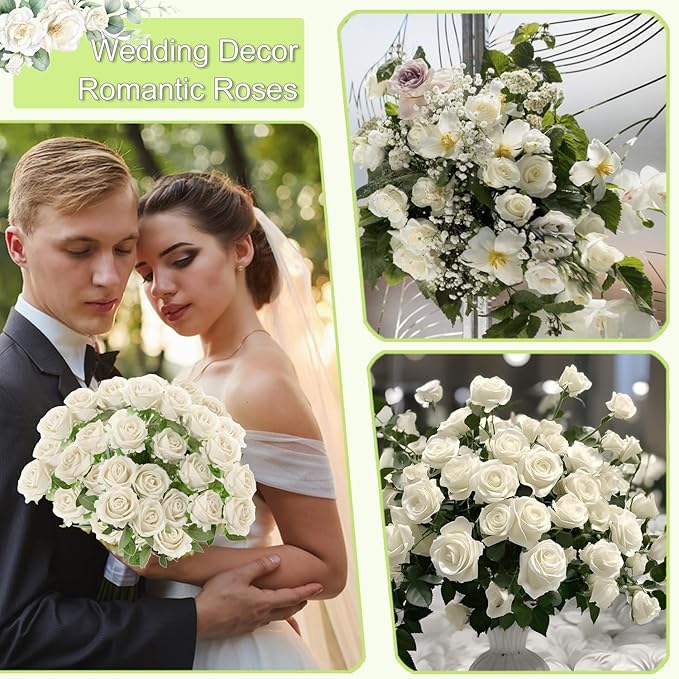 50Pcs White Roses Artificial Flowers Fake Roses Faux Velvet Silk Flower for Home Wedding Decoration (Pearl Rose, White)