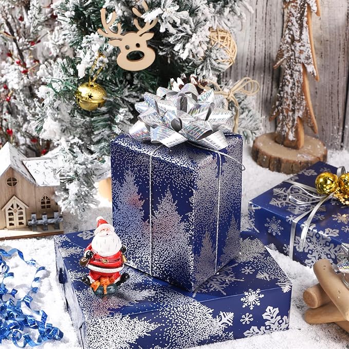 LeZakaa Christmas Wrapping Paper Bundle -Mini Roll with Bow, Ribbon, Sticker, Gift Tag -Navy with Silver Foil Design with Snowy Woodland Scenes/Snowflake/Tree-17x120 inches-3 Rolls (42.5sq.ft.ttl.)