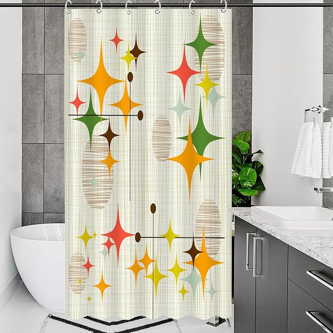 Stall Mid Century Modern Shower Curtain Set Retro Stars Shower Curtains for Bathroom Abstract Vintage Boho Art Waterproof Fabric Bath Curtain Decor (36'' x 72'')