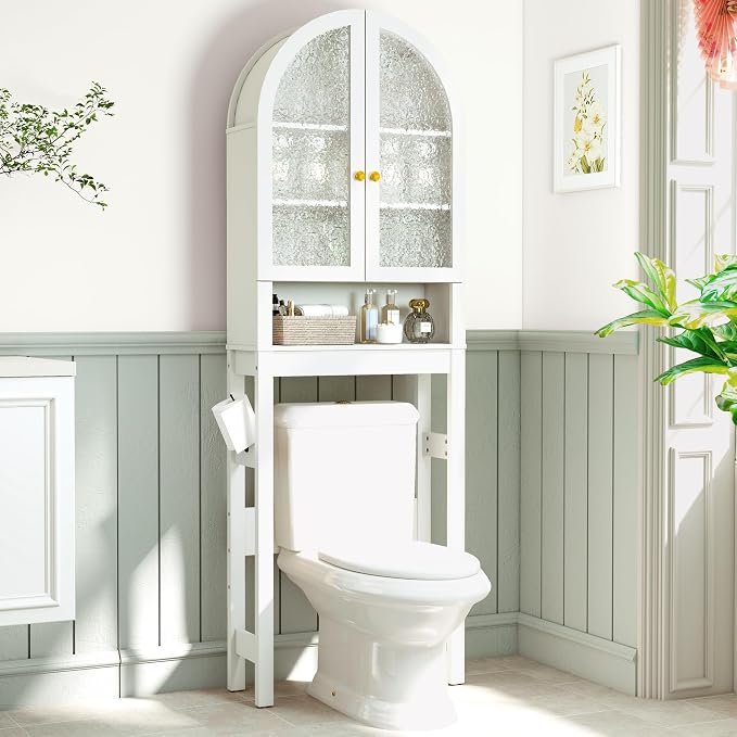 HMstone Over The Toilet Storage Cabinet, Arched Bathroom Organizer and Storage with Acrylic Doors and Adjustable Shelf, Space-Saving Freestanding Bathroom Modern Storage Cabinet Over Toilet, White