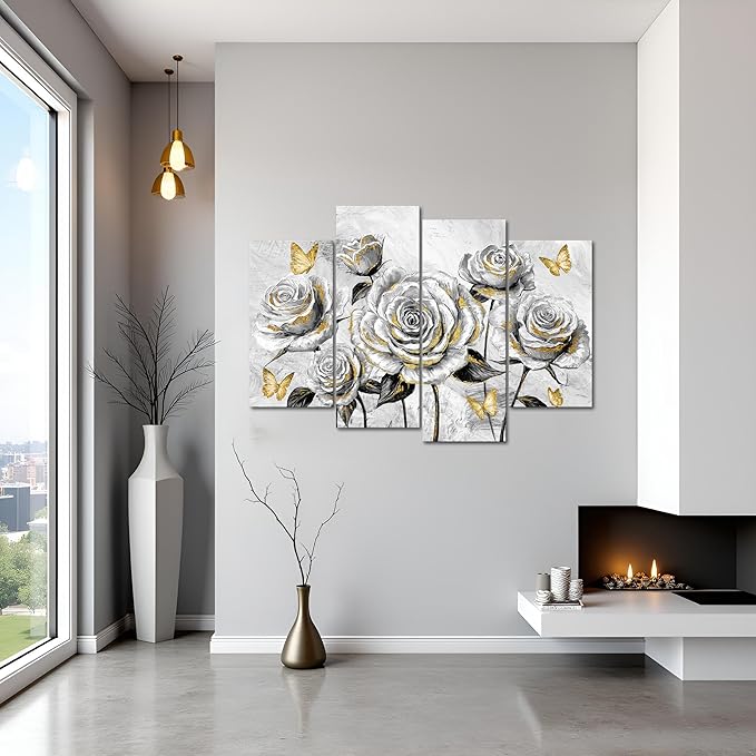 sechars Rose Wall Art Decor Grey and Gold Floral Pictures Painting Flower with Butterflies Canvas Prints Framed