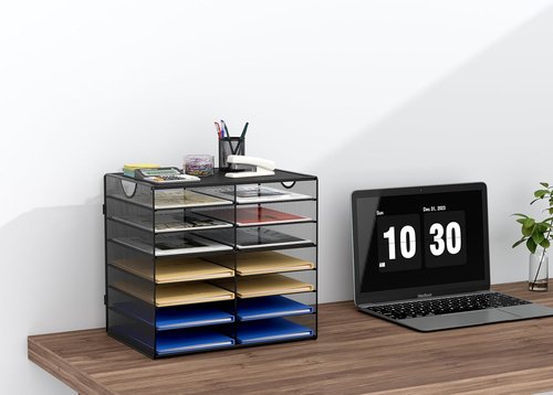 EasyPAG Paper Trays - 14-Tier Mesh Desk Organizer with Handle | A4/Letter Size for Office & Home - Black