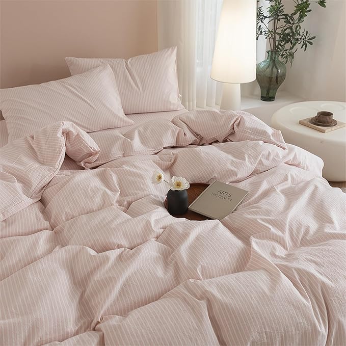 JIYUAN 100% Washed Cotton Striped Duvet Cover Set 3 Pieces King, 1 Duvet Cover and 2 Pillowcases(Comforter Not Included),Linen Like Comfy and Breathable,Pinstripes-Heathered Greyish Pink White