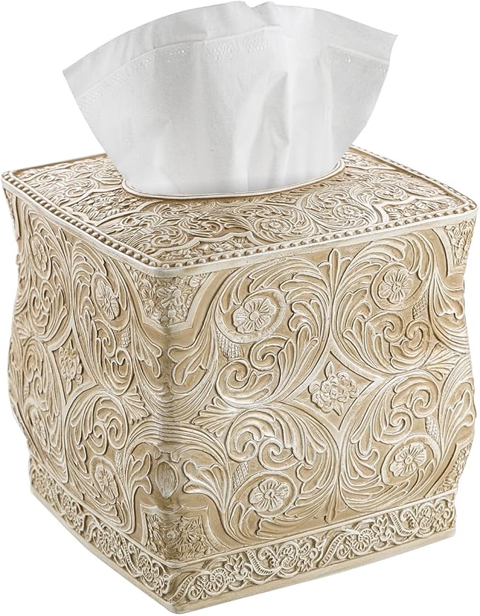 Creative Scents Victoria Tissue Box Cover Square – Beige Tissue Holder for Bathroom - Decorative Tissue Box Holder with Durable Bottom Slider - Boho Bathroom Decor
