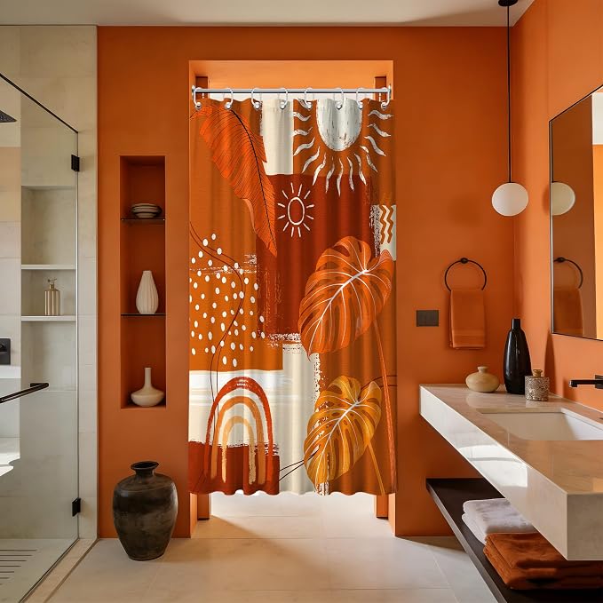 Small Stall Narrow Shower Curtain Burnt Orange Stand Up Mid Century Modern Leaf Shower Curtains for Rv Camper Bathroom Decor Sets, Waterproof Cloth Fabric with Hooks, 36 x 72 Inch