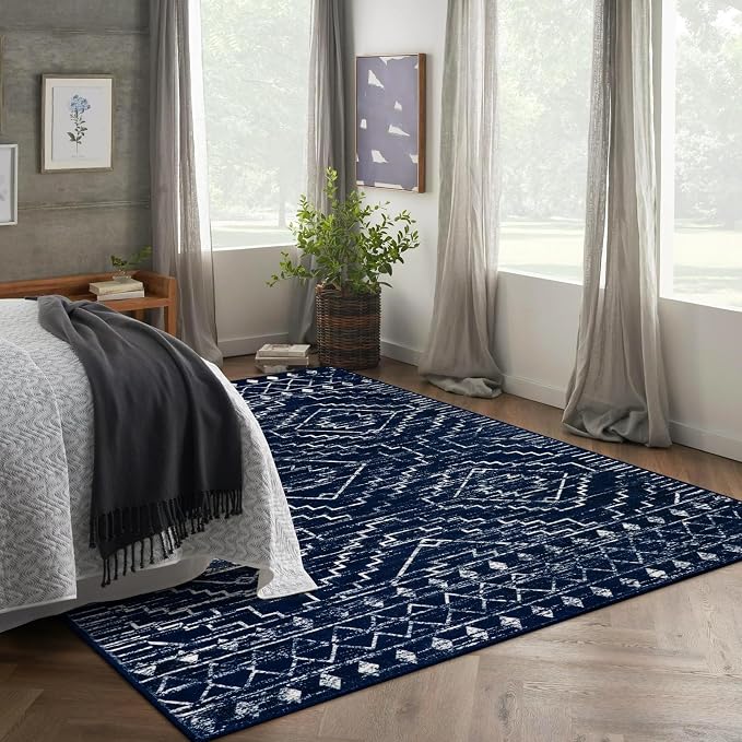 Wonnitar Moroccan Washable 6x9 Rug, Blue Large Living Room Area Rug, Non-Slip Boho Soft Rug for Bedroom, Non-Shedding Ultra-Thin Geometric Carpet for Dining Room Kitchen Basement (Blue,6'x9')
