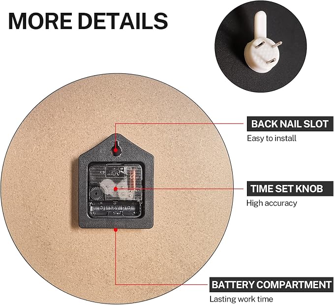 ArtSocket Wooden Wall Clock Silent Non-Ticking, Red Black Grey Irregular Geometric Grid Stripe Abstract Vintage Round Wall Clocks Decor for Home Kitchen Living Room Office, Battery Operated(12 Inch)