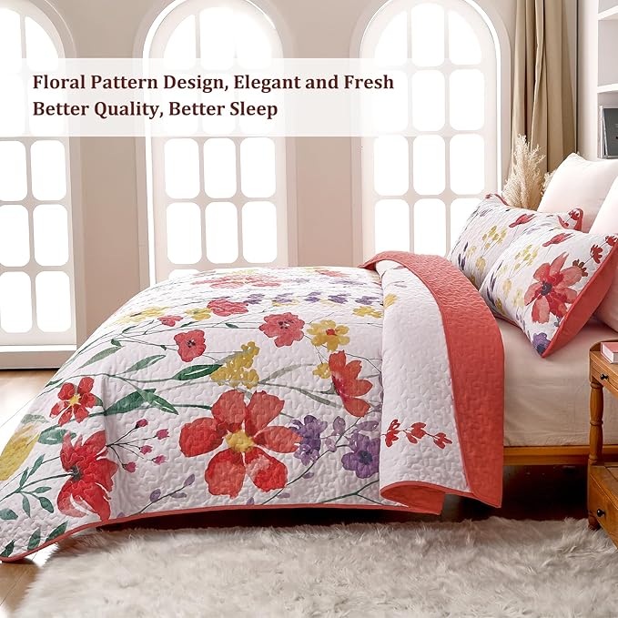 Anibedding Floral Quilt Set Queen Size, Red Bedspread 3 Pieces Botanical Flower Bedding Set Soft Microfiber for All Season (Queen, 96"x90")
