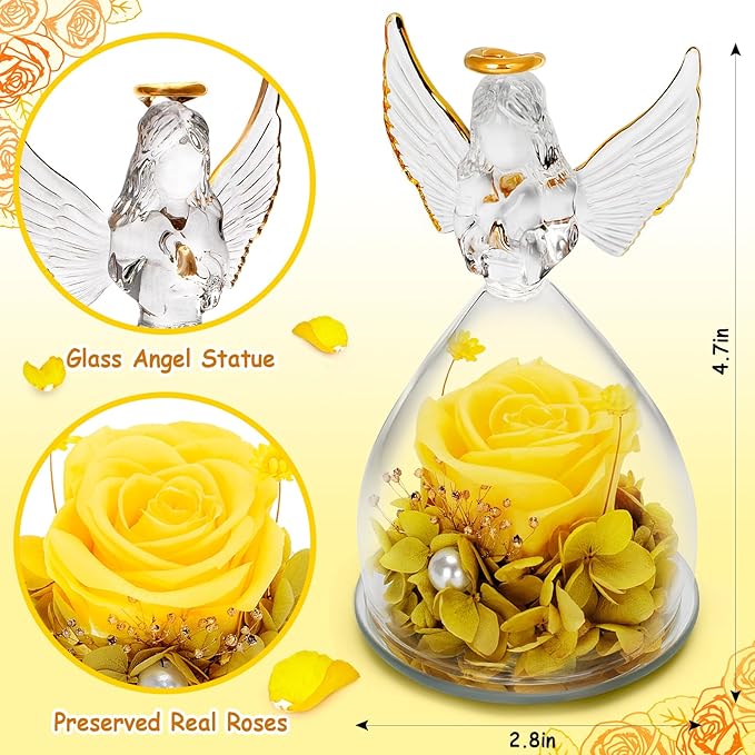 LURLIN Birthday Rose for Women, Preserved Flowers for Mom, Glass Angel Figurines With LED Forever Rose for Grandma Wife Friend Teacher, Nurse, Anniversary Day Girls Gift