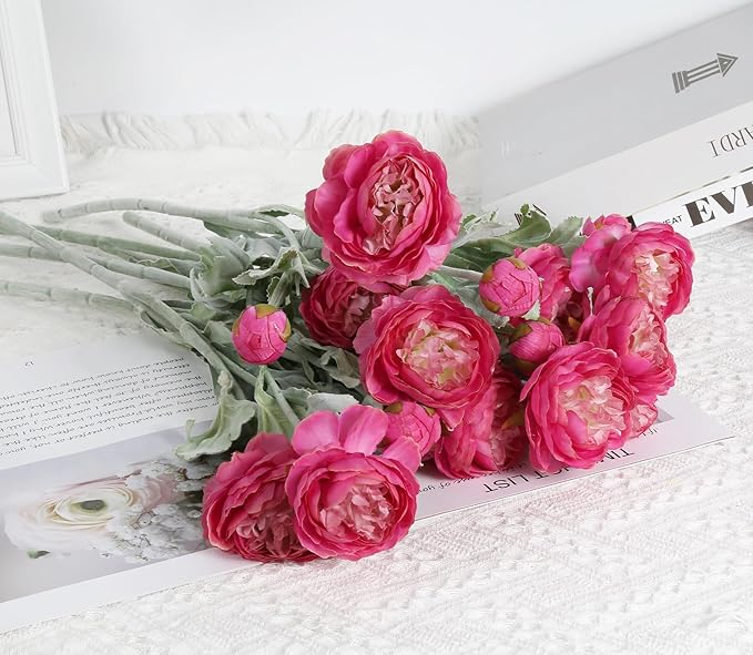 IPOPU Hot Pink Flowers Fake Peonies Artificial Ranunculus Flowers 6pcs 18Heads Hot Pink Silk Flowers 20.47" for Faux Floral Arrangements Wedding Bouquets Home Table Decor