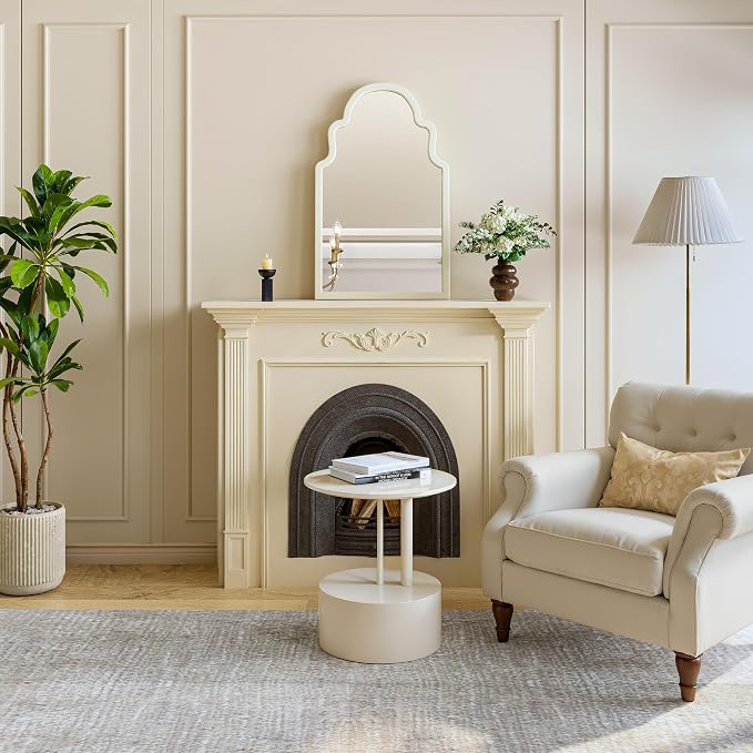 40"x24" French Country Arched Mirror, Creamy Off-White Wood Frame for Fireplace Mantel, Large Farmhouse Wall Mirror for Bathroom Vanity & Bedroom, Warm Beige Tone