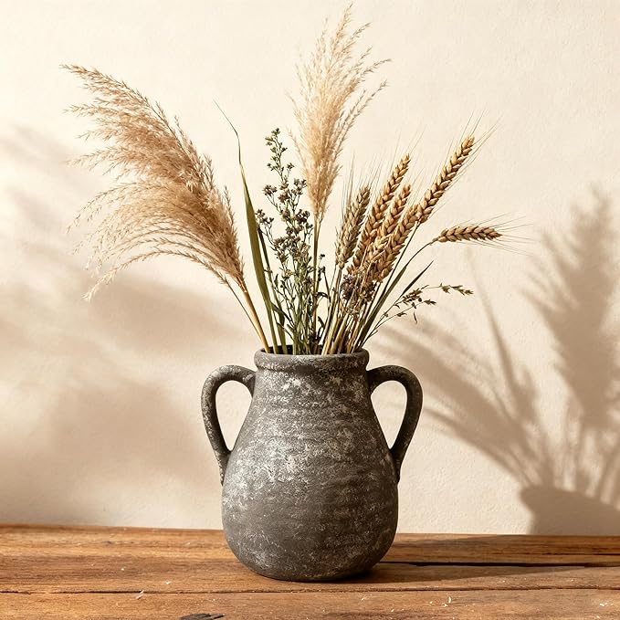 Ceramic Flower Vase Home Decor - 7.5 Inch Farmhouse Rustic Table Vases Living Room Decoration Decorative Vintage Pottery for Kitchen Shelf Coffee Dining Bookshelf Fireplace Centerpiece (Retro-7.5")
