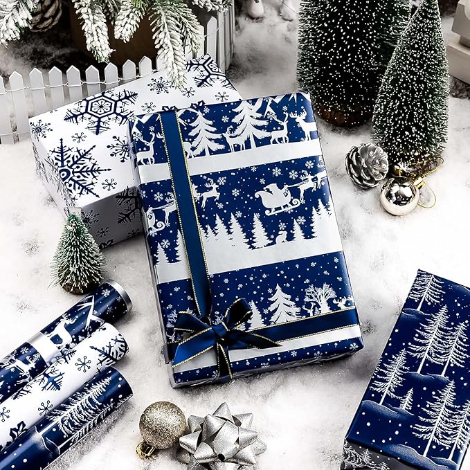 MAYPLUSS Festive Holiday Wrapping Paper - 17Inch x 120Inch Per Roll - Cozy Reindeer Snowflakes Tree Scene Gift Wrap Magical Winter Atmosphere Thick Christmas Paper Wrap for Party Celebration Wedding