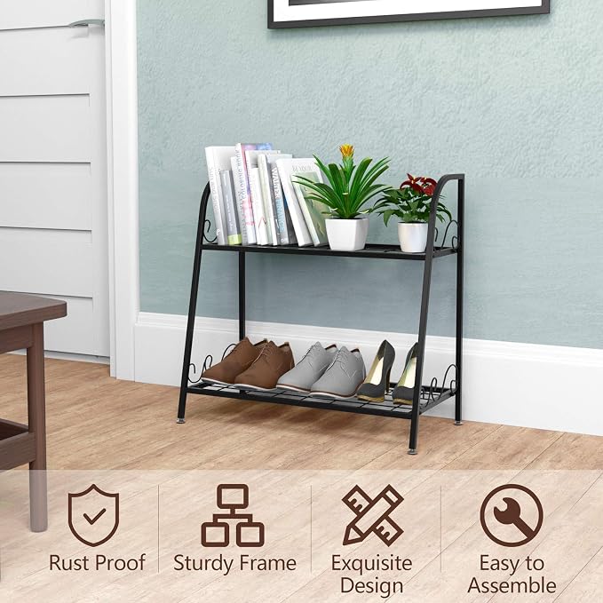 Giantex 2 Tier Metal Plant Stand, Indoor Outdoor Plant Shelf, Flower Rack Display Shelf, Flower Pots Holder with Adjustable Feet for Garden, Balcony, Living Room (2-tier (25'' x 12'' x 24.5''))