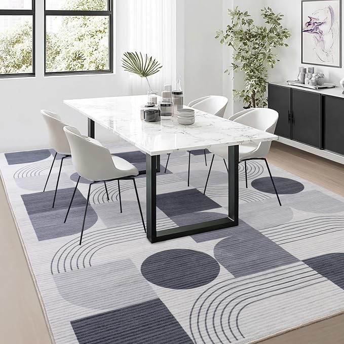 Large Machine Washable 6x9 Area Rug, Soft Modern Geometric Abstract Grey Rugs for Bedroom Living Room, Non-Shedding Faux Wool Indoor Throw Floor Carpet for Office Entryway Dining Room Decor